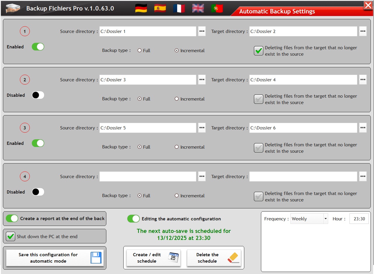 Screenshot of BackupFichiersPro in English